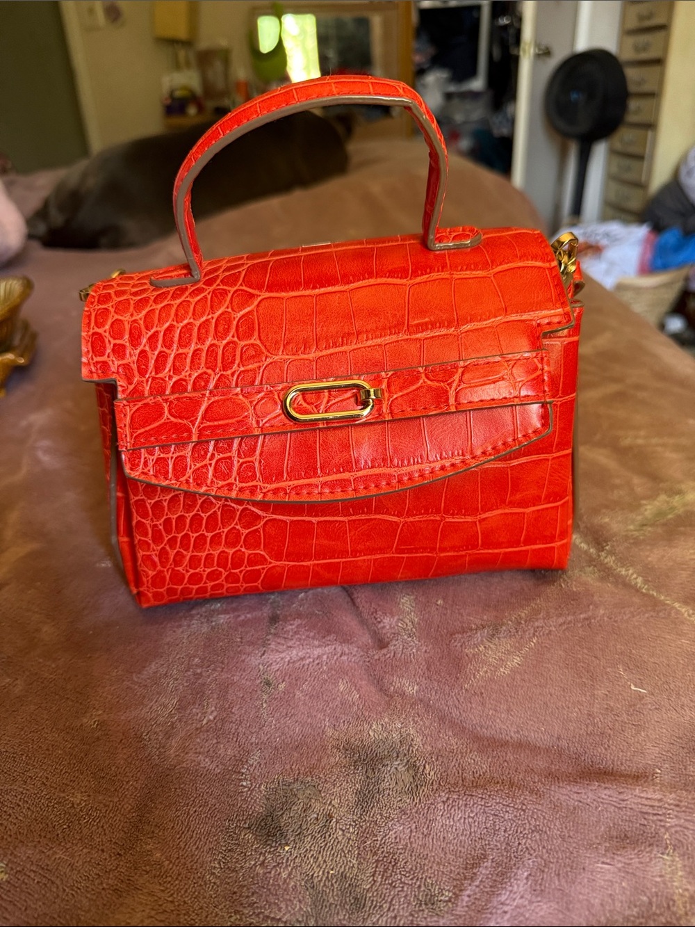 Red Croc-Embossed Top-Handle Bag